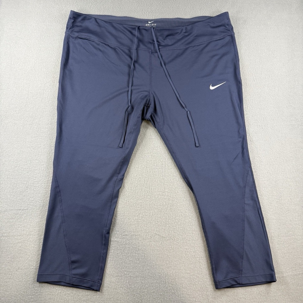 Nike Dri-FIT Womens 3X Navy Blue Cropped Athletic Leggings Mesh Panel Drawstring